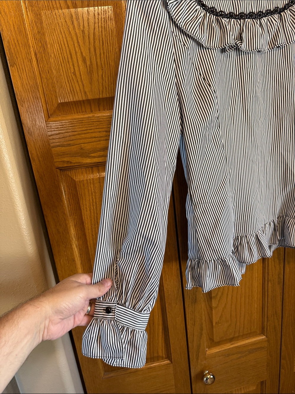 Victorian-Inspired Black & White Stripe Ruffle Button-Down Blouse- Medium-NWT - Picture 12 of 16